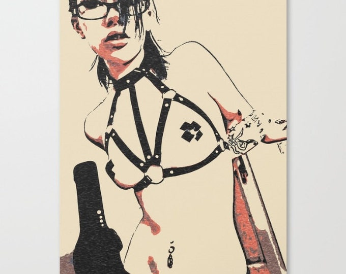 Erotic Art Canvas Print - Submission in black, unique sexy conte style print, fetish harness, pop art sketch, sensual high quality artwork