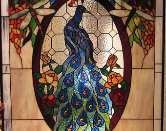 Wisteria & Peacock Stained Glass Window 32"L x 24"W