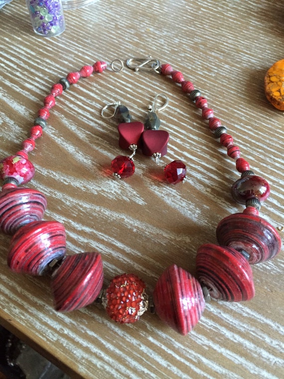 Red hand made paper mache' beads