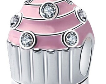 Charm Central Premium Silver Tone & Pink Cupcake Charm - One (1) Cupcake Charm for Charm Bracelets - Fits Pandora Bracelets