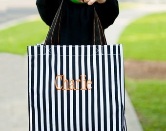 Halloween Tote, Black Stripe Halloween Tote, Personalized Halloween Bags, Personalized Tote, Embroidered Tote, Orange Dot Tote