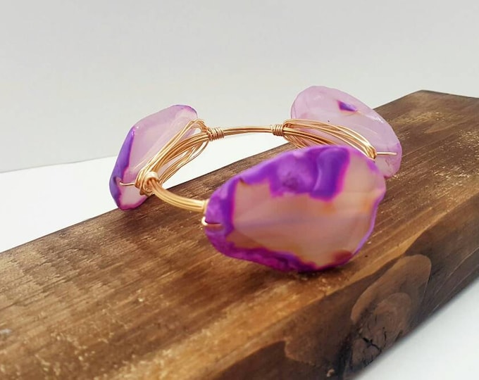 Wire Wrapped Bangle with sliced stone purple agate gemstones, Bracelet, Bourbon & Boweties Inspired