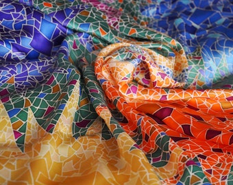 Silk Scarf Hand Painted Women's Scarves Gifts for Her "Gaudi" Mosaic Scarf Colorful Silk Shawl (100% Silk)