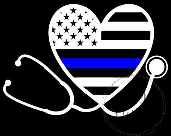 Nurse Stethoscope Supporting Police Wife and Law Enforcement Thin Blue Line Heart Vinyl Decal