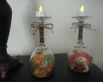 Wine Glass Candle Holders: Scarecrow