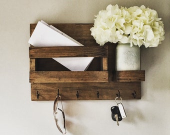 Mail Organizer (Flowers Included) , Key & Mail Holder, Rustic Organizer, Mason Jar Decor, Farmhouse Decor