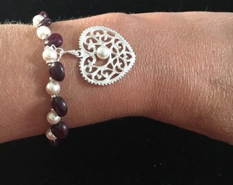 Pearl and Ruby Heart Bracelet. Silver Charm bracelet, ruby bracelet, pearl bracelet, bridal jewellery, valentines gifts