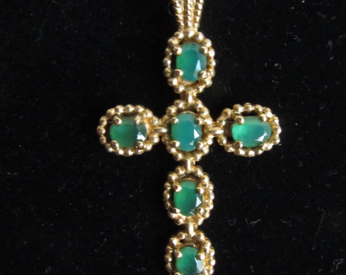 Antique gold cross pendant, 9 karat gold vintage fine jewelry, baptism present, gift idea for her, gift for mum, emerald green stone pendant