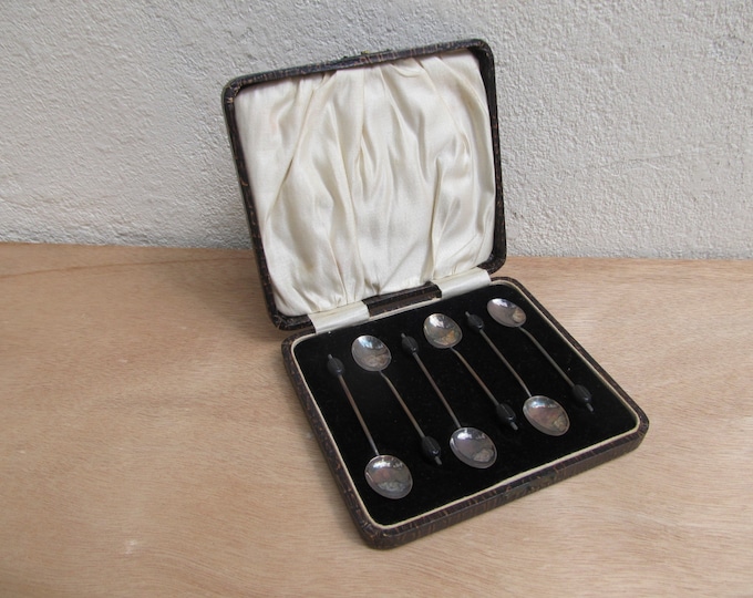 Sterling silver tea spoons, Art Deco era black coffee bean spoons, boxed set of 6, Christmas housewarming gift idea