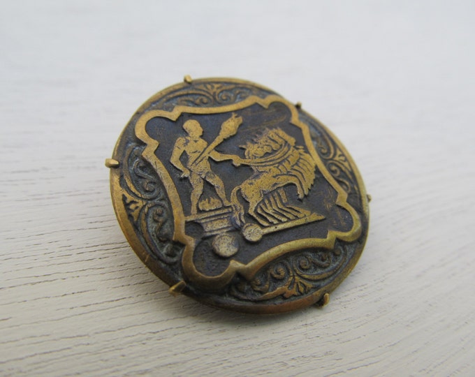 Antique brass Roman chariot brooch, antique brass pin, deeds of Hercules, halting the horses of Mars