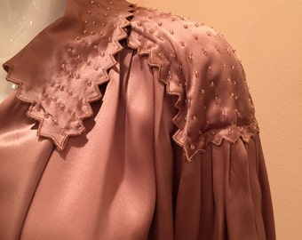 Vintage silk charmeuse taupe beaded blouse large to xl