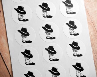 Cowboy Boot Hat Western Themed Stickers 1" One Inch Round Seals - B&W, Sheets of 15 - by Blossom Arts