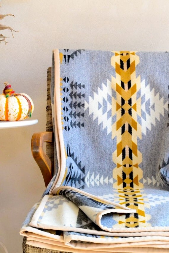 Wool Blanket Native American Design in Gray Taupe by ohthisnose