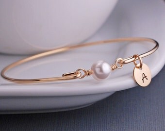 Gold Bangle Bracelet, White Pearl Bracelet, Simple Gold Bracelet, Pearl Jewelry, Stacking Bangles