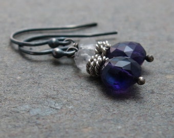 Amethyst Earrings Crystal Quartz Purple, Clear February Birthstone Oxidized Sterling Silver Earrings Gift for Her