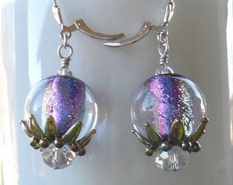 Swarovski Crystal and Lampwork Beaded Dichroic Dangle Earrings handmade srajd holiday new years party