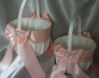 2 Large-White/Ivory Flower Girl Baskets-Pale Peach/Blush-Rhinestone Accent-Custom Ribbon Colors-Flower Girls Age 8+