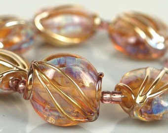 Golden 21mm button lampwork glass beads,lampwork glass beads,lampwork beads SRA set of 6 made by pearly karpel MTO