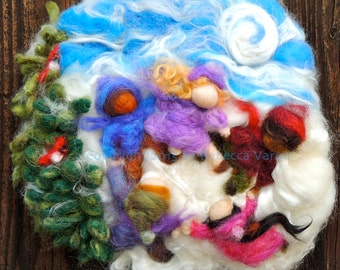 Art - "Children Dancing under the Winter Moon"- Needle Felted Wall hanging / sculptural wool painting Waldorf inspired