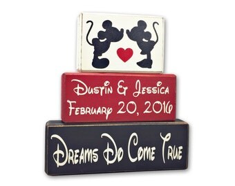 Disney wedding gift, mickey and Minnie Mouse personslized sign, wood sign blocks