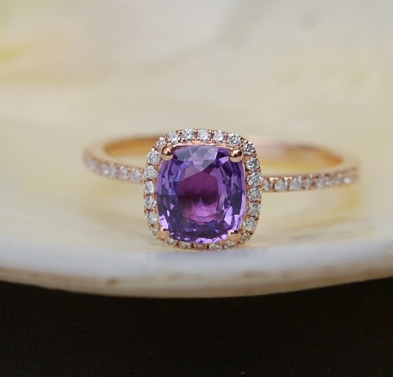 Purple Sapphire Rose Gold Ring 14k diamond ring Peach Lavender