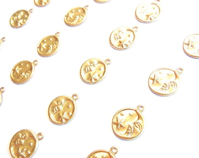 24 Pairs of Small Brass Celestial Charms Facing Moon and Stars