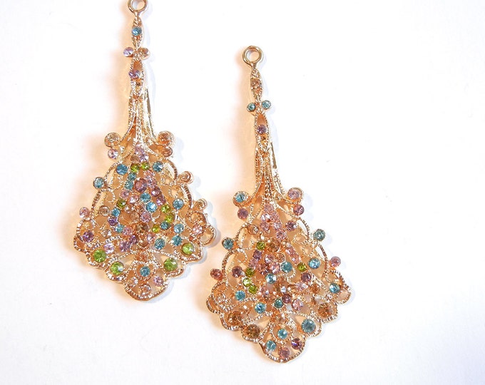 Pair of Gold-tone Filigree Fan Like Drop Charms with Multi Colored Rhinestones