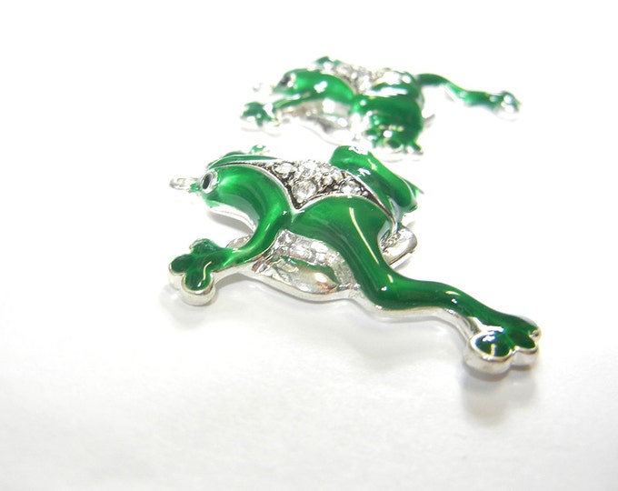 Pair of Green Frog Charms Rhinestones