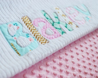 Monogrammed Baby Blanket in DAWN, Metallic Gold, Pink, and Aqua Blue Accents with White Chenille and Soft Minky Personalized for Baby Girl