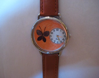 Women's Watch with Hydrangea Butterfly, Burgundy Hydrangea Watch, Butterfly Watch, Butterfly Hydrangea Watch, Gardening Watch, OrangeWatch