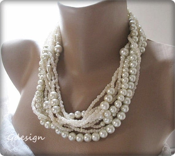 Items Similar To Handmade Chunky Layered Ivory Pearl Necklace Pendant Bold Bridal Wedding
