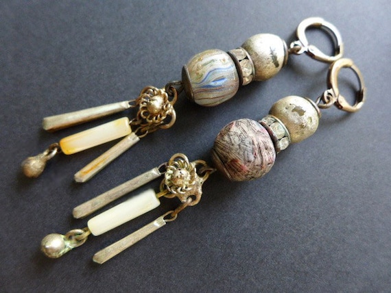 Overcast. Grey Victorian tribal assemblage earrings 