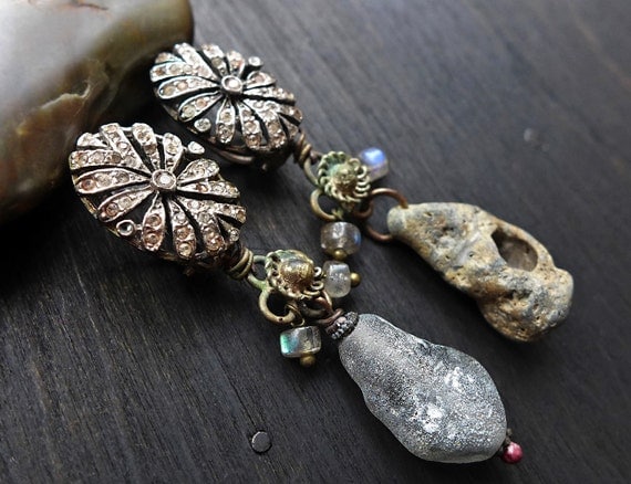 Brume. Victorian tribal asymmetrical assemblage clip on earrings in rustic grey.