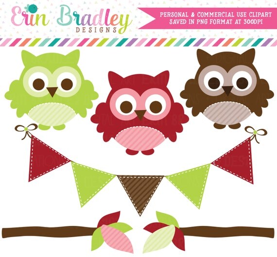 Christmas Owls Clipart, Holiday Clip Art Graphics, Bunting Banner Flags, Tree Branches Clipart Il_570xn