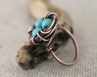 Bird nest ring, Oxidized copper, Howlite Turquoise, Custom sized, Wire jewelry