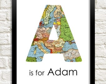Boys Wall Art, Baby Boy Nursery, Nursery Decor Boy, Travel Adventure Nursery Theme, Custom Name Print, Personalized Nursery, Map Letter Art
