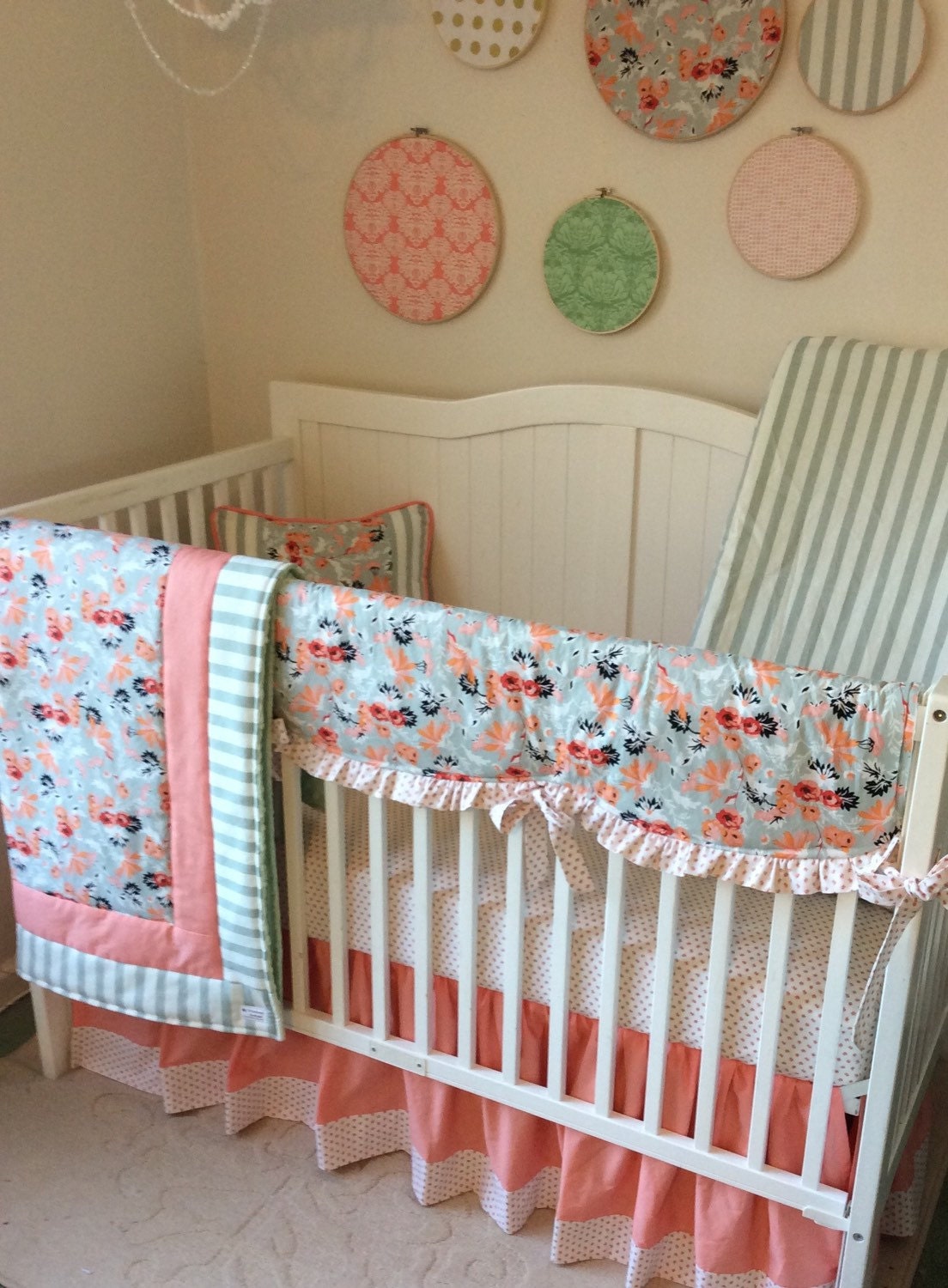 Baby Girl Crib Bedding Set Peach Coral and Minty Sage Floral