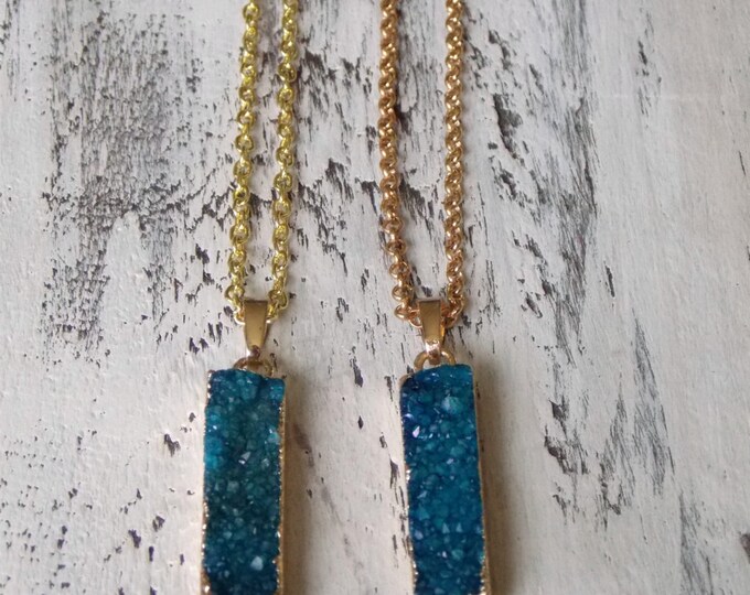 Druzy Necklace Rectangle Druzy Bar Necklace Gold Edged Druzy Jewelry Blue Color Stone Gold Edged Druzy Jewelry Mineral Boho Necklace