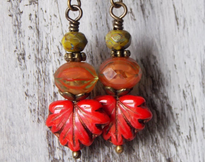 Leaf Earrings Czech Glass Earrings Maple Leaf Rustic Earrings Picasso Red Bittersweet Orange Jewelry Earthy Woodland Autumn Gift Earrings