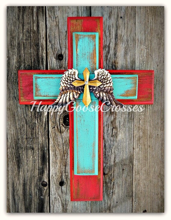 Wall Cross Wood Cross XSmall Rustic Red and Turquoise