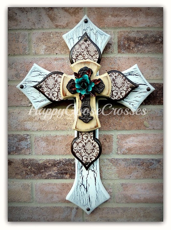 Wall CROSS Wood Cross Small White and Brown Crackle