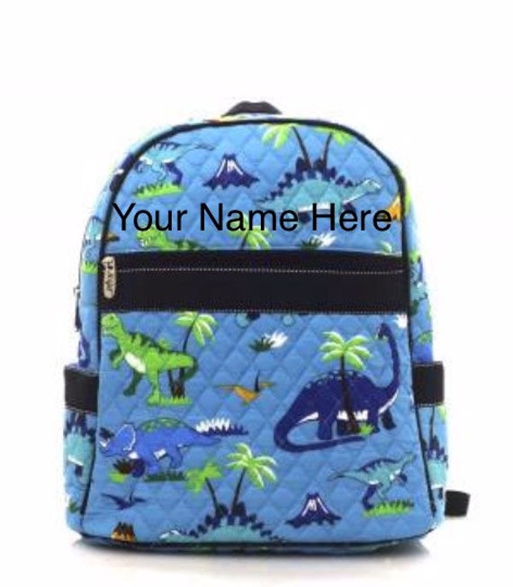 Backpack Monogrammed Blue Quilted with Dinosaurs