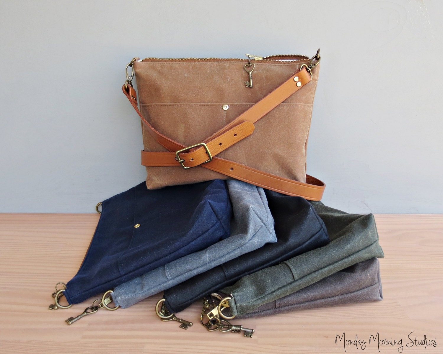 Waxed Canvas Shoulder Bag with Custom Length Leather Strap