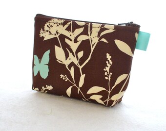 Cosmetic Bag Gadget Bag Joel Dewberry Fabric Zipper Pouch Makeup Bag Cotton Zip Pouch Wildflowers Butterfly Butterflies Chocolate Brown Aqua