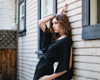 Slit Sleeve Kimono-Black Jersey Dress with Tie