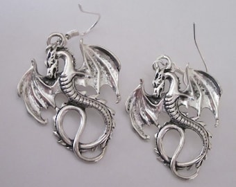 Antiqued Silver Dragon Earrings Gothic Winged Dragons Celtic Dangle Earrings Silver Flying Dragon