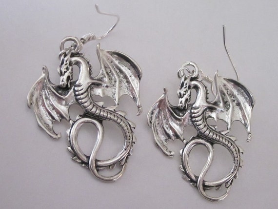 Antiqued Silver Dragon Earrings Gothic Winged Dragons Celtic