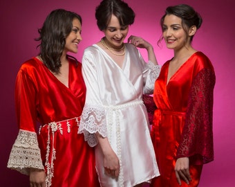 Ruby Red Luxurious Silk Lace Robes | Bridesmaids Robes, Kimono Robes, Bridesmaids gift, getting ready robes