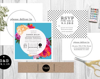 Square Modern Floral Wedding Invitation Set