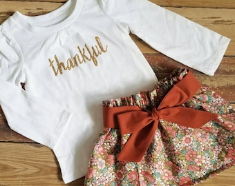 Thanksgiving Outfit- Thankful-Baby Toddler Girls Skirt Set- Gold -Vintage Brown Floral High Waist Skirt and Sash